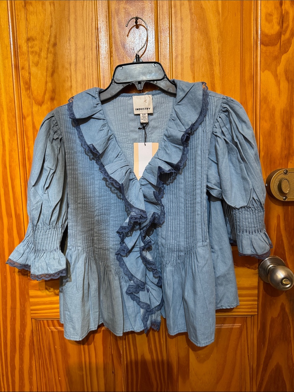 Industry Denim-Blue Ruffle Front Pintuck Blouse